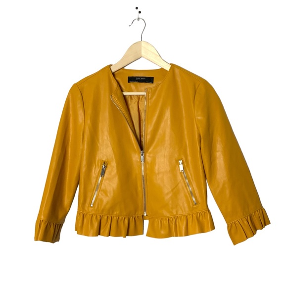 Zara Jackets & Coats Zara Mustard Gold Faux Leather Ruffle Edge Zip